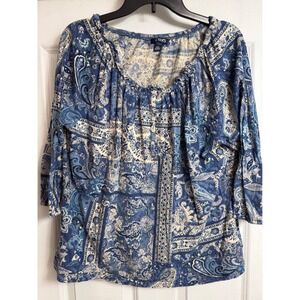 Chaps Blue Paisley Print 3/4 Sleeve Scoop Neck Top Plus Size 2X
